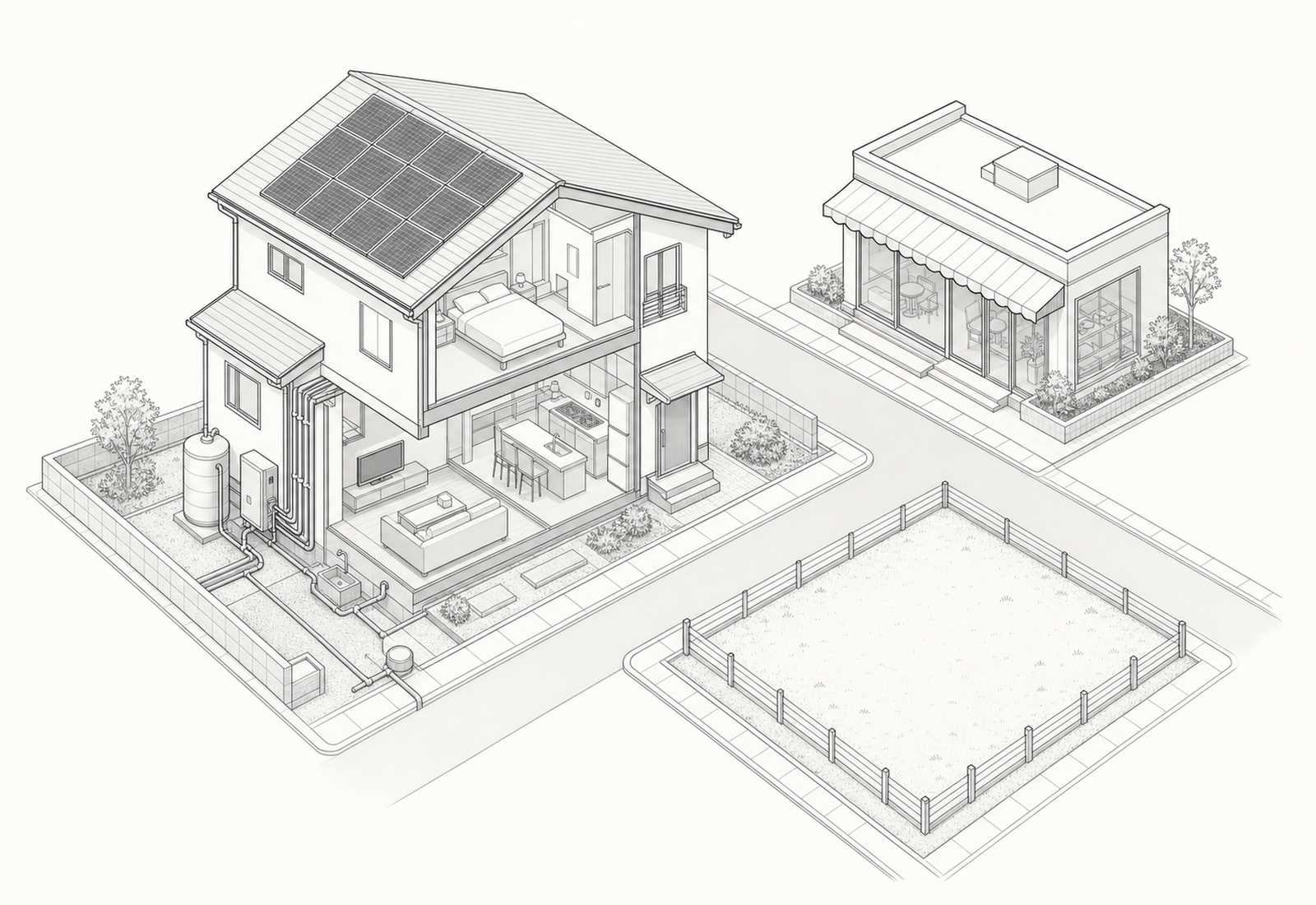 住宅・店舗・売地が並ぶ街区の図解。住宅には太陽光/蓄電池/給排水、右奥に店舗、右手前に更地。ALL in の7サービスがそれぞれの場所に対応することを示す